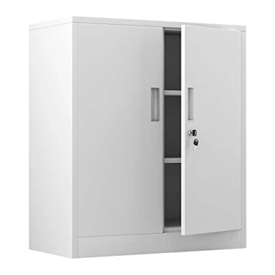 Image of iJINGUR Metal Storage Cabinet with Locking Doors and 2 Adjustable Shelves, Small Lockable Cupboard for Home Office Garage (White)