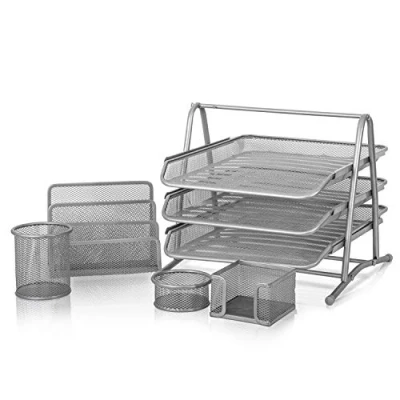 Image of KAV Premium Mesh Office Set of 5 PCS 3 Tier Paper Tray, Letter Rack, Pen Pot, Clips and Memo Pad Holder Metal Desk Organiser Tidy Workspace Silver