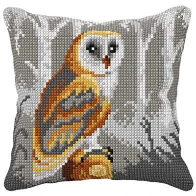 Image of Orchidea Cushion Cross Stitch Kit Owl Printed Canvas 4.5 Count for Adults 99015