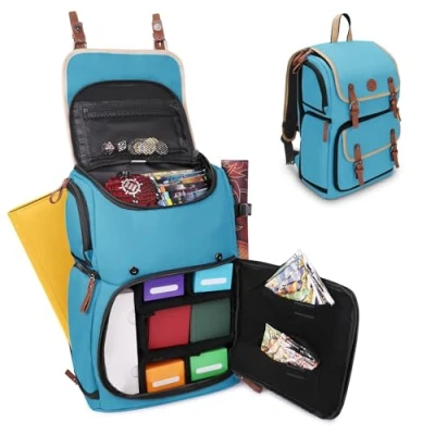 Image of ENHANCE Designer Edition Trading Card Full Sized Backpack MTG Deck Bag, Binder Space, TCG Box Storage, Playmat Holder Compatible with Magic the Gathering, Pokemon, (Canvas Look Blue)