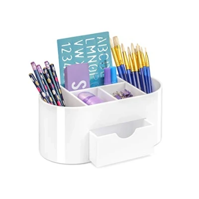 Image of OSCO High Gloss Plastic Desk Organiser with Drawer Tidy Pen Holder Makeup Container Pencil Storage 6 Compartments Cosmetic Display Stationery Caddy H10.5 x W23 D12 cm