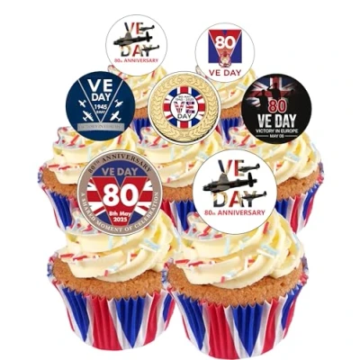 Image of 24 Pre Cut VE Day 80th ANNIVERSARY Victory Remembrance WW2 Edible Wafer Paper Round Cake Toppers Decorations Perfect for street parties