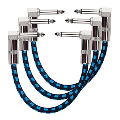 Image of Rayzm Guitar Patch Cable 6.35mm Noiseless 15cm Guitar/Bass Effects Pedalboard Cord, Right Angle Male TS Mono Instrument for Effect Pedals (Pack of 3,Blue)