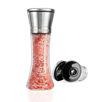 Image of Salt and Pepper Grinder Set with Refillable Non Corrosive Ceramic Grinder, Glass Stainless Steel Spice Mill Grinders Adjustable Coarseness, Easy to Use Fill