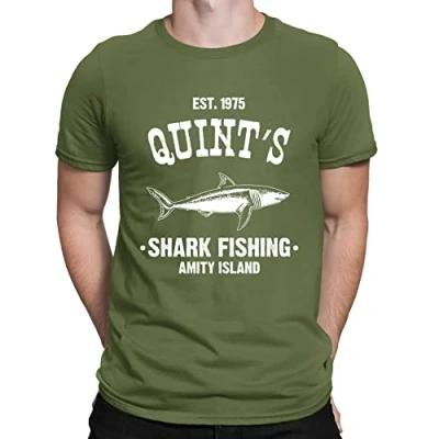 Image of Mens Quints Fishing Shark Jaws Inspired Amity Cult Movie T Shirt Khaki (XXL)