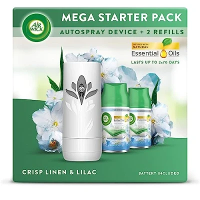 Image of Air Wick Automatic freshener Freshmatic Spray Bundle Kit, Cirsp Linen &amp; Lilac, 1 gadget 2 Refills (250ml), Natural Essential Oils, Last up to 140 days,