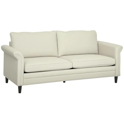 Image of HOMCOM 3 Seater Sofa, Modern Fabric Sofa Couch with Spring Cushion, Rubber Wood Legs, 191cm Upholstered Settee for Living Room, Bedroom, Home Office, Guest Cream White