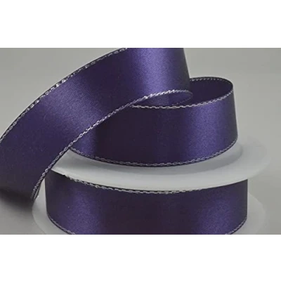Image of Purple Single Faced Satin Ribbon with Silver Edge 25mm x 25 Metre Roll