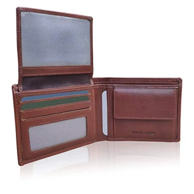 Image of KORUMA Mens Premium Genuine Leather Trifold Wallet Smart Credit Card Blocker and Coin Pocket with RFID Cognac 3 in 1