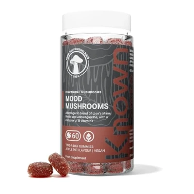 Image of Known Mood Mushrooms 60 x Two a Day Vegan Gummies with Reishi Mushrooms, Lions Mane and Ashwagandha Halal Apple Pie Flavoured Adaptogenic Mushroom Gummy Nootropic Supplement for &amp; Stress