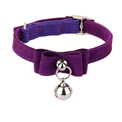 Image of Adjustable Velvet Cat Kitten Neck Collar with Bell (Purple)