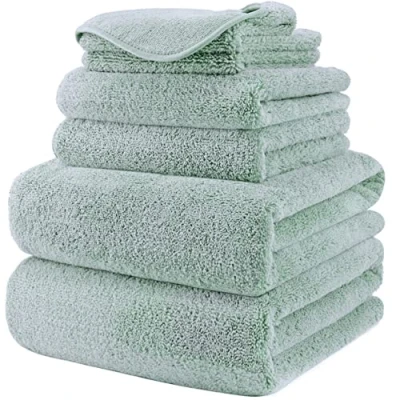 Image of POLYTE Plush Quick Dry Lint Free Microfibre Bath Towel Set, 6 Pieces (Light Green)