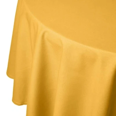 Image of HOMESCAPES Mustard Yellow Cotton Round Tablecloth 6 to 8 seater Large Circular 178 cm (70 Inches) Washable Hand Woven 100% Plain with Decorative Ladder Stitch Edge