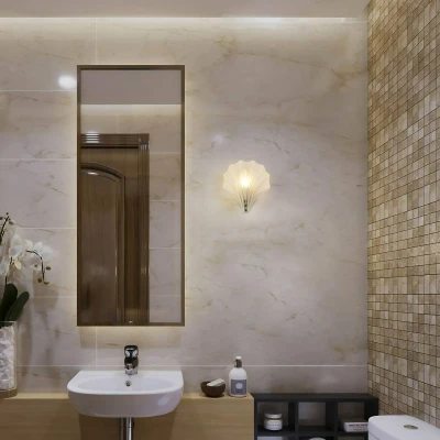 Image of Shell 1 Light Wall Lamp, Satin Silver Metal &amp;Frosted Glass IP44