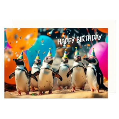 Image of Edition Seidel Premium Birthday Card with Envelope. Greetings Happy For Him or Her Friend Daughter Girl Boy Son Children Kids Teens Penguins (G3530 SW024)