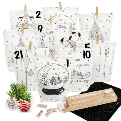 Image of Amari ® Advent calendar to fill Standard weiß 24 bags diy (with wooden clips) Paper with numbers sticker Christmas parcel stick on yourself