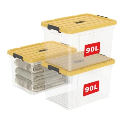 Image of Cetomo 90L*3 Storage Boxes, Carry Plastic Box with Lids, Organizing Container Handle and Latching Buckles, Stackable, Nestable, Tote Bin for Home Office Clothes, 90L 3Pack, Clear &amp; Yellow