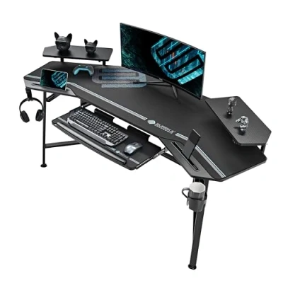 Image of EUREKA ERGONOMIC Gaming Desk with LED Lights 182 x 76cm Wing Shaped Computer Large Office Workstation PC Table w Keyboard Tray Monitor Stand Dual Headphone Hanger Cup Holder