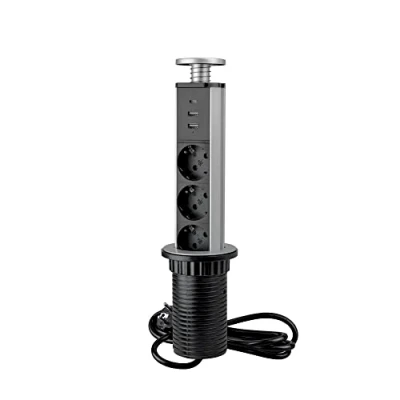 Image of Emuca Pop up Power Tower with Fast Charge, 3 EU sockets and 2 USB A+ 1 C Charging Ports, Pull Socket for Kitchen worktop or Desk Table, Silver Grey, Plastic Aluminium