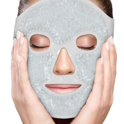 Image of PerfeCore Facial Mask Get Rid of Puffy Eyes Migraine Relief, Sleeping, Travel Therapeutic Hot Cold Compress Pack Gel Beads, Spa Therapy Wrap for Sinus Pressure Face Puffiness Headaches Grey