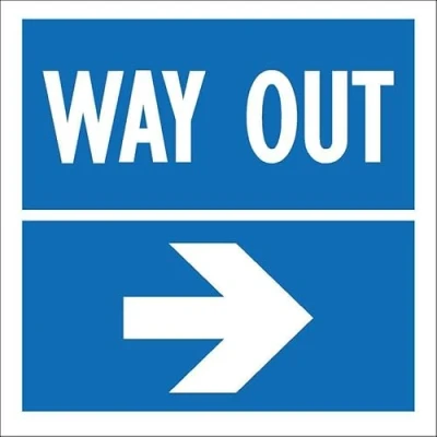 Image of Way out, arrow pointing right 1mm flexible Plastic sign (200mm x 200mm)