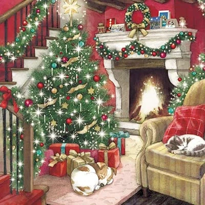 Image of GBCC Paper House Pack of 6 Artistic Charity Christmas Cards &#039;Sleeping Cat and Dog by The Fireplace&#039; From Great British Card, multi, 141 x mm