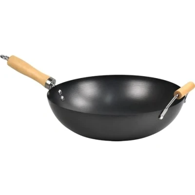 Image of Lavv Housewares Non Stick Carbon Steel Flat Bottom Stir Fry Wok with Wooden Handle (32cm, Long Handle)
