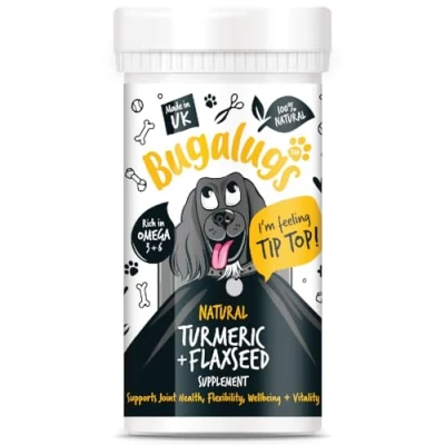Image of Bugalugs Natural Turmeric &amp; Flaxseed Supplement joint health support, anti itch treatment, stop moulting. Omega 3 for dogs, cold pressed, immunity supplements, skin, hair coat (70g Powder)