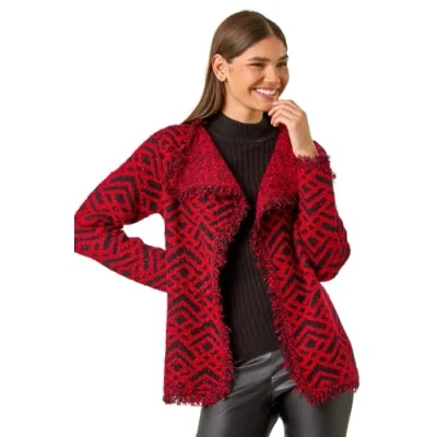 Image of Roman Originals Contrast Cardigan for Women UK Ladies Fringed Boucle Coatigan Jacket Shawl Collar Autumn Winter Knit Knitted Knitwear Everyday Holiday Edge to Comfy Red &amp; Black Size 14