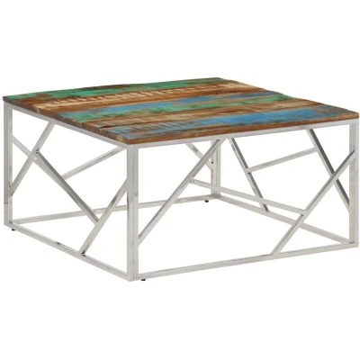Image of vidaXL Coffee Table Silver Stainless Steel and Solid Reclaimed Wood