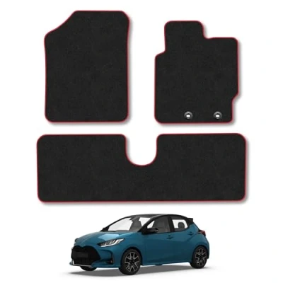 Image of Car Mats Compatible with Toyota Yaris (2011 2020) Tailored Fit Red Carpet Floor Set Accessory Custom 4 Pieces Anti Slip Backing &amp; Binding Trim Edge