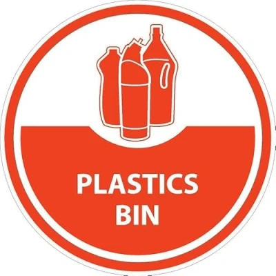 Image of Plastics bin, recycling sign Self adhesive sticker (150mm x 150mm)