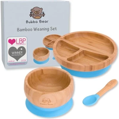 Image of Bubba Bear ® Baby Bamboo Suction Bowl, Plate &amp; Spoon Set Stay Put Toddler Led Feeding Bowls Plates Guide to Weaning eBook