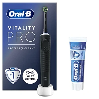Image of Oral B Vitality Pro Electric Toothbrushes For Adults, 1 Handle, Toothbrush Head, 3 Modes Including Sensitive Plus + Expert Toothpaste, 2 Pin UK Plug, Black