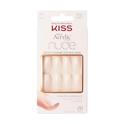 Image of KISS Salon Acrylic French Nude Collection, Leilani, Medium Length Fake Nails, Includes 28 False Nail Glue, File, and Manicure Stick