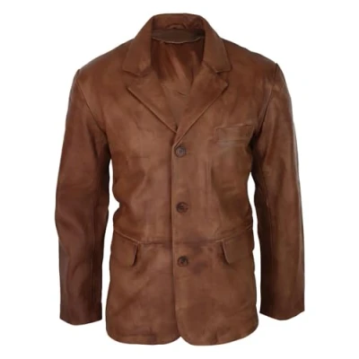 Image of Mens Real Leather Jacket Tan Brown Smart Casual Classic Blazer Retro Vintage