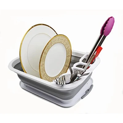 Image of SAMMART Collapsible Plastic Dish Drainer with Board Foldable Drying Rack Set Portable Dinnerware Organizer Space Saving Kitchen Storage Tray (1, White/Grey)