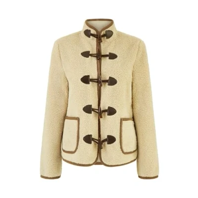 Image of Yumi Cream Borg Jacket With Faux Leather Button Details 16