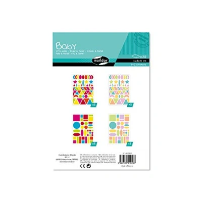 Image of Maildor Ref AE058O Baby Stickers (Pack of 20 Sheets) 21 x 14.8cm Multi Coloured Geometric Designs 940 Total, Brightly Coloured, Suitable for Children Aged 2+