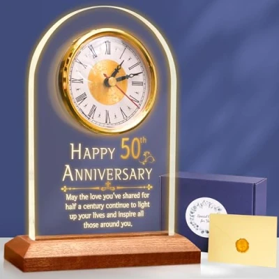 Image of OkiyiD 50th Anniversary Wedding Gift, Quartz Clock, Desk Table 50 Years of Marriage, Golden for Couple, Parents, Grandparents (Wooden Base)