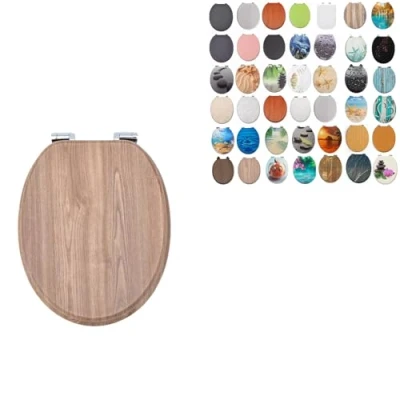 Image of 18&quot; MDF Toilet SEAT Universal Adjustable Fit Most Toilets Oval Seat┃Bathroom Standard Wooden WC +Fittings (Light Brown Wood Grain)