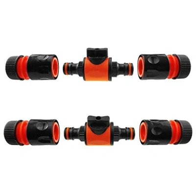 Image of in Line Shut Off Valve for Join Garden Hose Pipe Tube, Double Male Connector Extender with Matching End Quick Connectors (Red, Pack of 2)