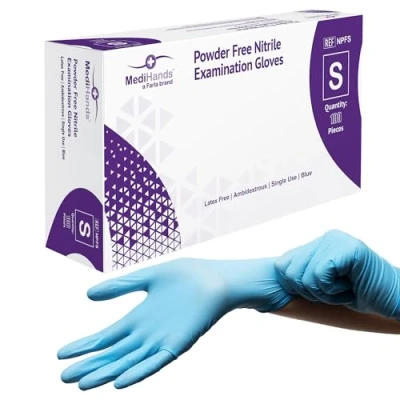 Image of MediHands Nitrile Gloves Small, Blue Heavy Duty Disposable Gloves, Powder Free, Latex and Protein Medical, Food, Multi Use, Pack of 100