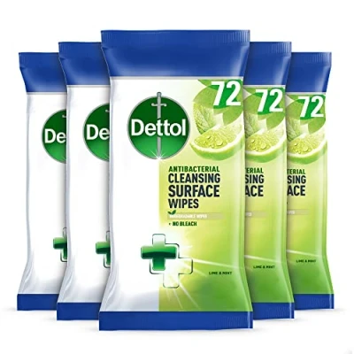 Image of Dettol Antibacterial Surface Cleaning Disinfectant Wipes, Lime And Mint, Multipack Of 5 X 72, Total 360 Wipes