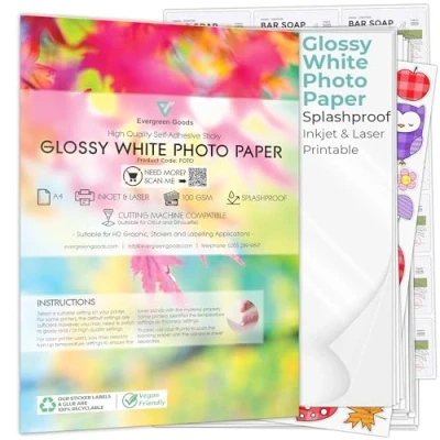 Image of Evergreen Goods A4 Quality Glossy White Self Adhesive Photo Paper Splashproof Print Inkjet &amp; Laser Printable Strong Sticky Back Printing Labels 10 Sheets