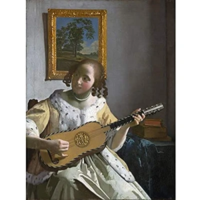Image of Artery8 Jan Vermeer Young Woman Playing Guitar Painting Art Print Canvas Premium Wall Decor Poster Mural