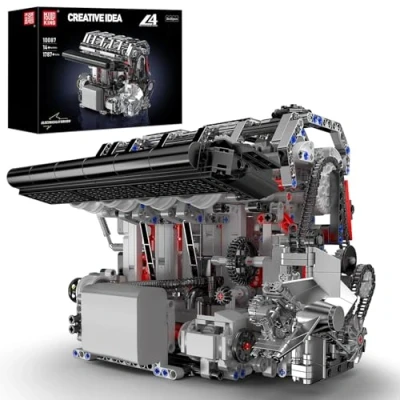 Image of Mould King 10087 Technik V4 Engine Building Blocks Model, Four Cylinder Inline Petrol Block Kit Technology Clamping Construction as Toy/Gift/Collectibles