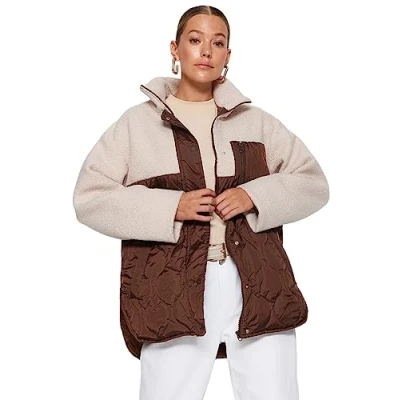Image of Trendyol Women&#039;s Damen Farbblock Plus Size Mäntel Coat, Brown Multicolor, S