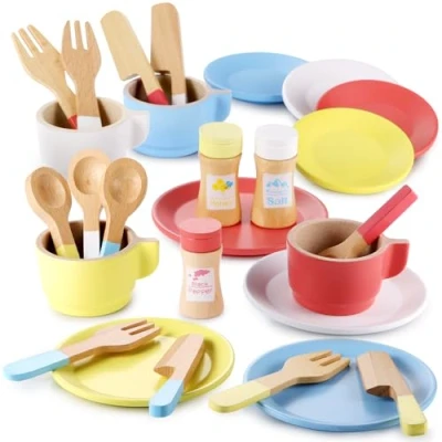 Image of GAGAKU Wooden Toy kitchen Dish Set [2024 upgrade] Toddler Plates and Cutlery Accessories 27PCS Kids Role Play Gift for Age 3+ Years