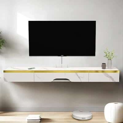 Image of Pmnianhua Floating TV Unit, Wall Mounted Cabinet, Shelves with 3 Doors, Modern Matte Entertainment Media Console Center Large Storage Bench for Living Room &amp; Office (120cm,White)
